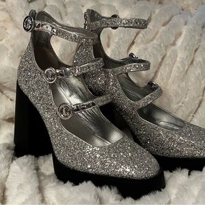 Larroude Silver Glitter Platform Mary Janes